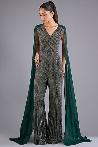 Hunter Green Viscose Georgette Embroidered Jumpsuit by Namrata Joshipura