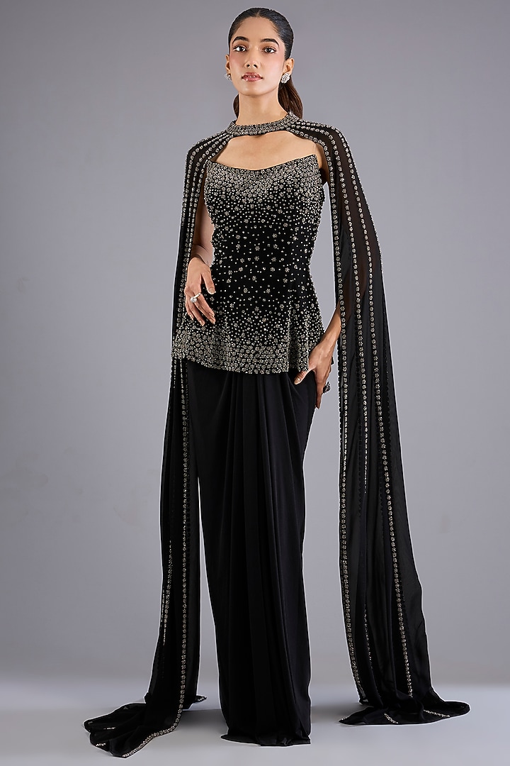 Black Micro Satin Skirt Set by Namrata Joshipura at Pernia's Pop Up Shop