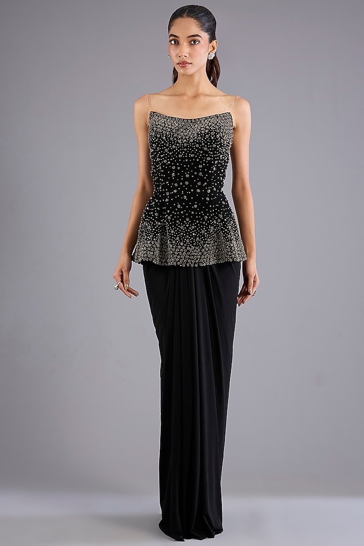 Black Micro Satin Skirt Set by Namrata Joshipura at Pernia's Pop Up Shop