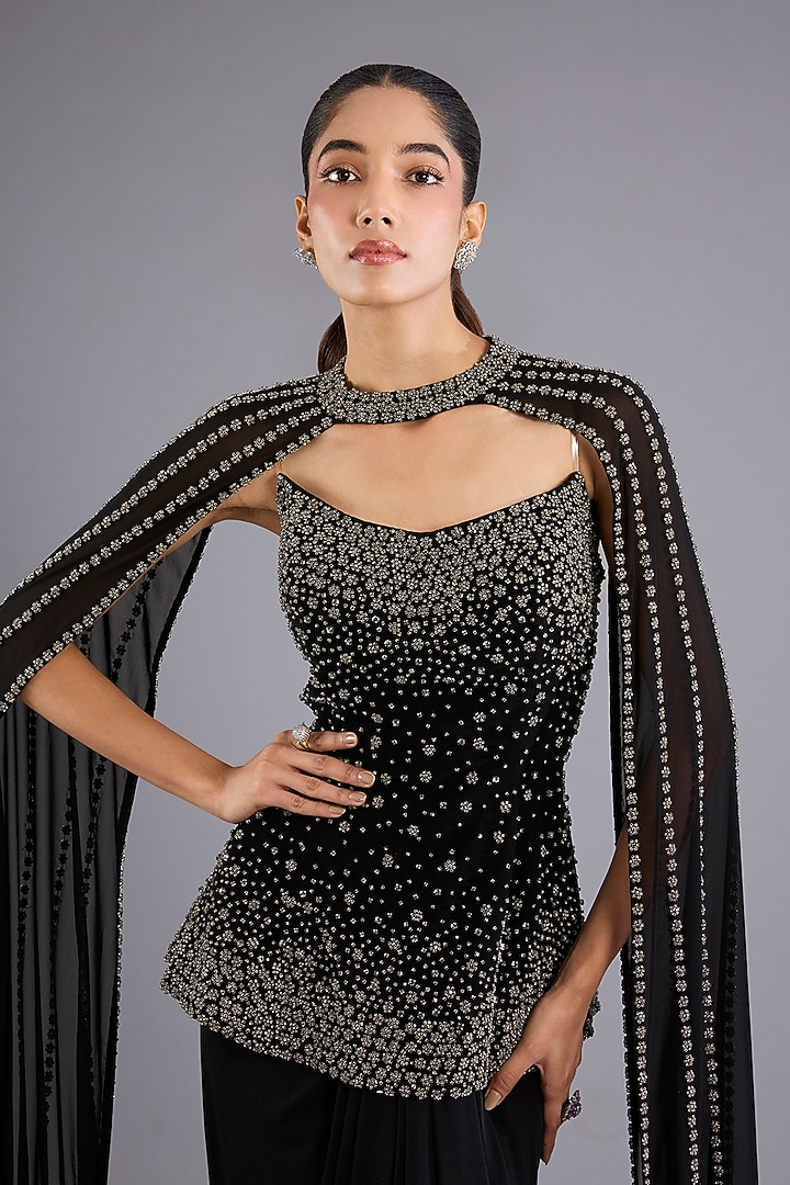 Black Micro Satin Skirt Set by Namrata Joshipura at Pernia's Pop Up Shop
