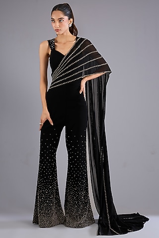 Black Micro Satin Jumpsuit by Namrata Joshipura