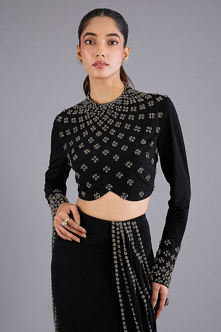 Black Viscose Georgette Bridal Saree Set by Namrata Joshipura at Pernia's Pop Up Shop