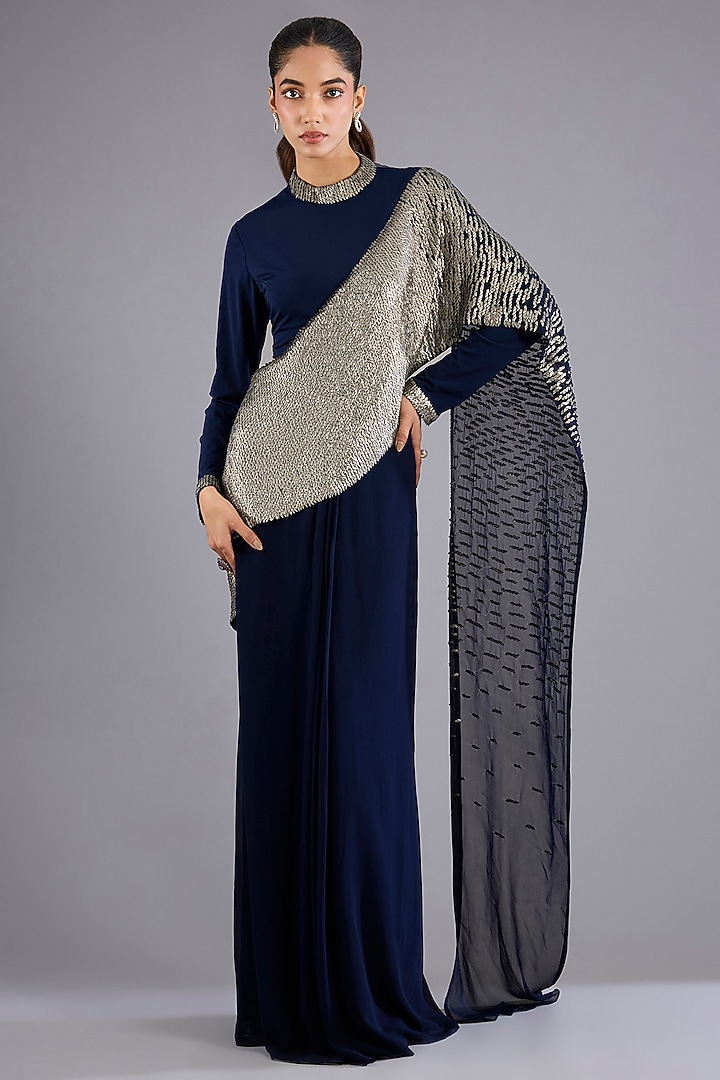 Navy Blue Viscose Georgette Reception Saree Set by Namrata Joshipura at Pernia's Pop Up Shop