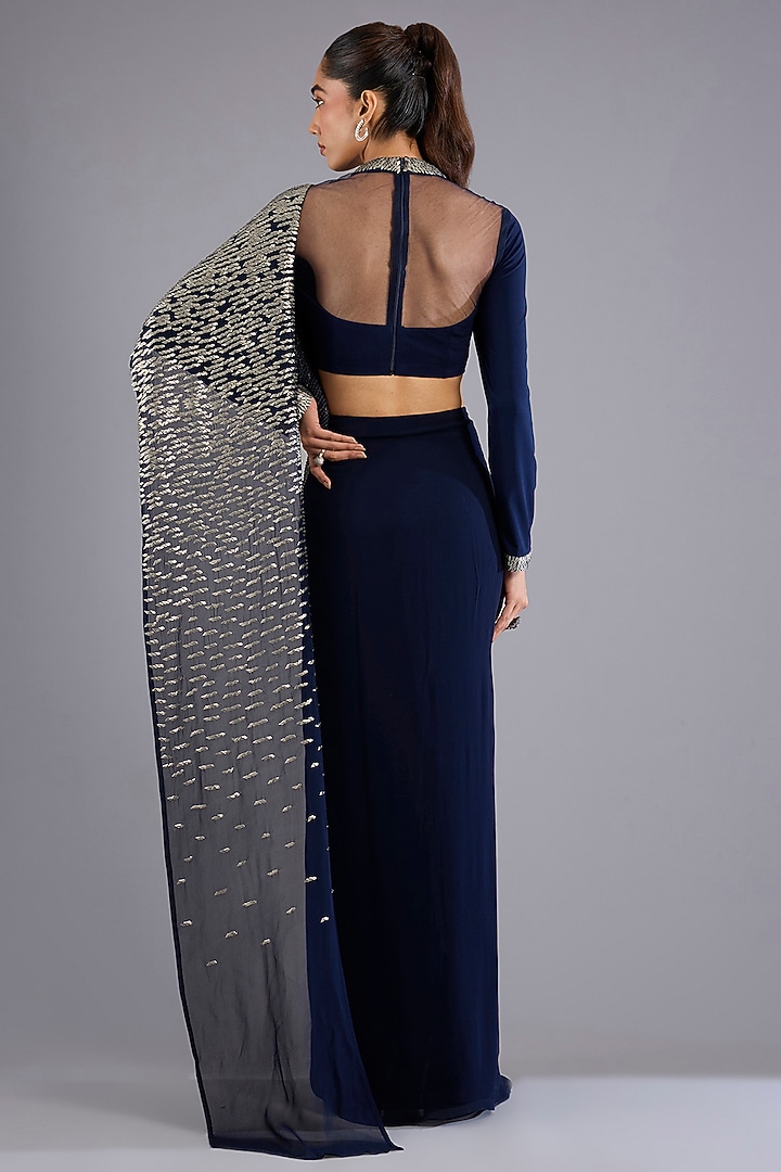 Navy Blue Viscose Georgette Reception Saree Set by Namrata Joshipura at Pernia's Pop Up Shop
