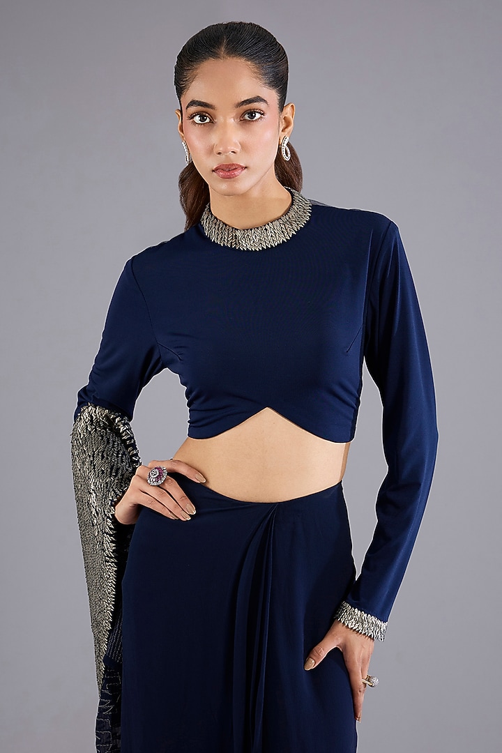 Navy Blue Viscose Georgette Reception Saree Set by Namrata Joshipura at Pernia's Pop Up Shop