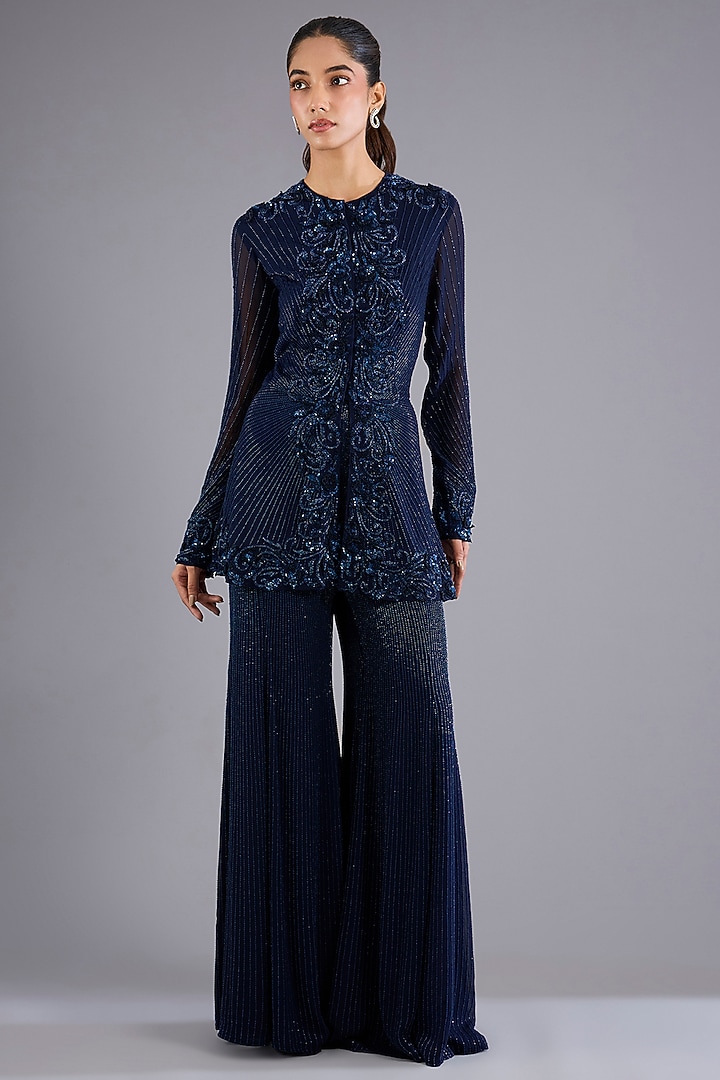 Navy Blue Viscose Georgette Bridal Sharara Set by Namrata Joshipura at Pernia's Pop Up Shop