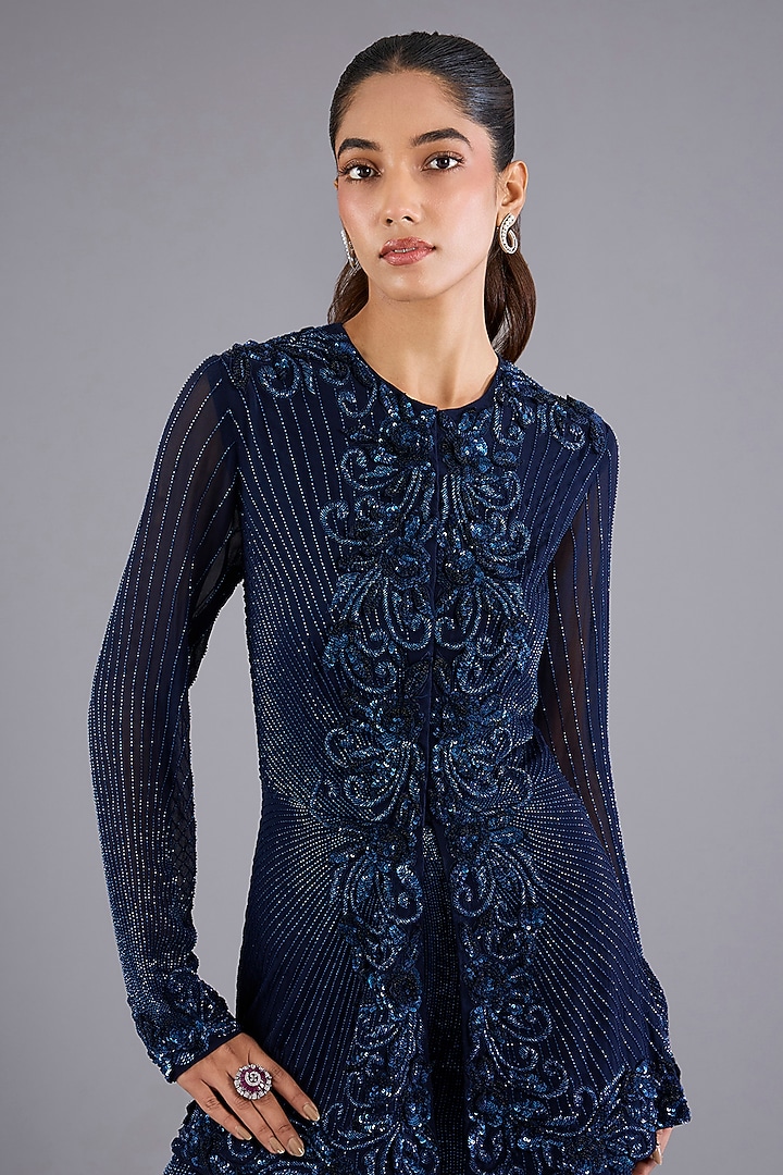 Navy Blue Viscose Georgette Bridal Sharara Set by Namrata Joshipura at Pernia's Pop Up Shop