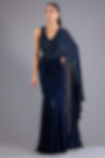 Navy Blue Viscose Georgette Flare Draped Reception Saree Set by Namrata Joshipura at Pernia's Pop Up Shop