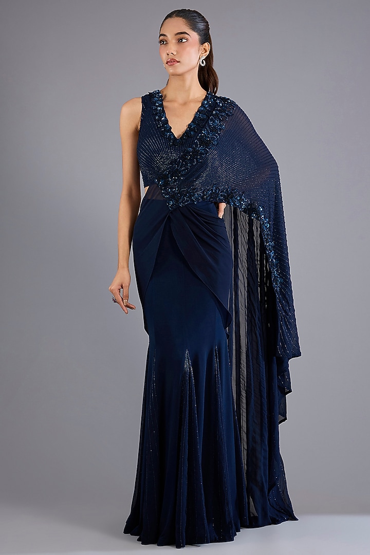 Navy Blue Viscose Georgette Flare Draped Reception Saree Set by Namrata Joshipura at Pernia's Pop Up Shop