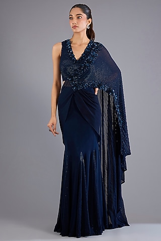 Navy Blue Viscose Georgette Flare Draped Saree Set by Namrata Joshipura