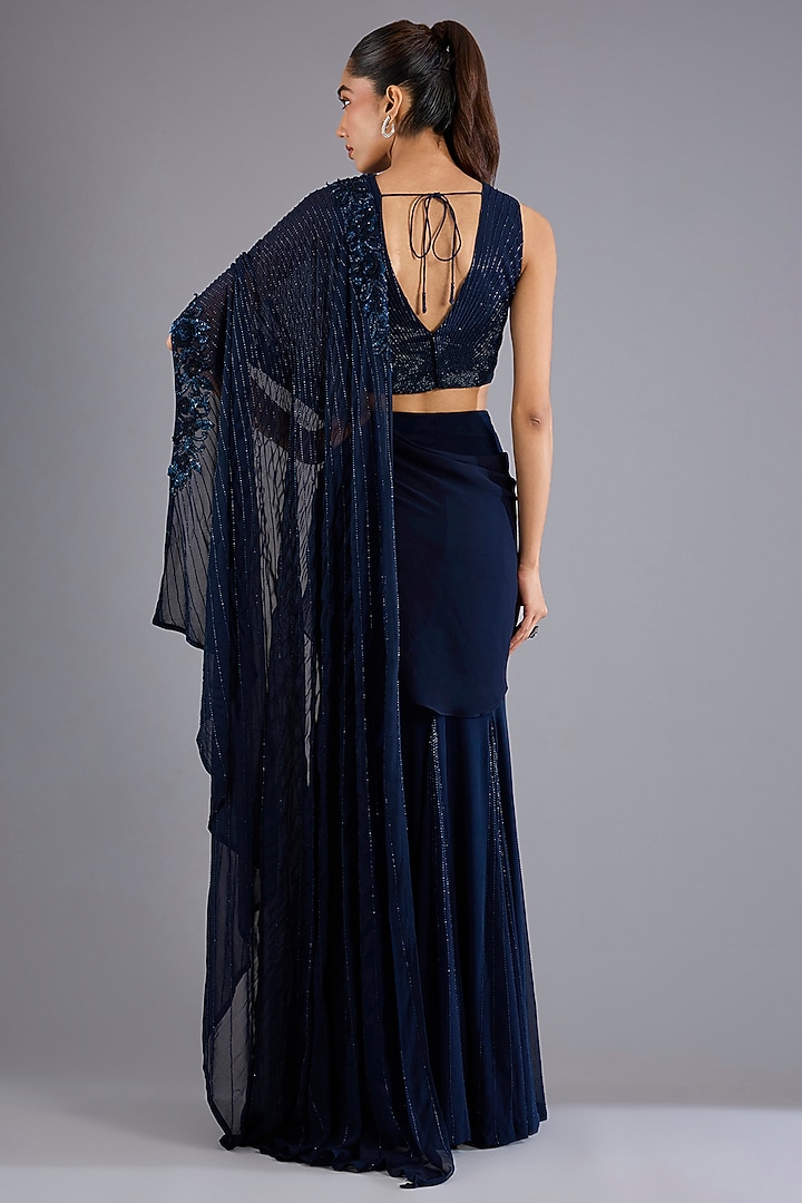 Navy Blue Viscose Georgette Flare Draped Reception Saree Set by Namrata Joshipura at Pernia's Pop Up Shop