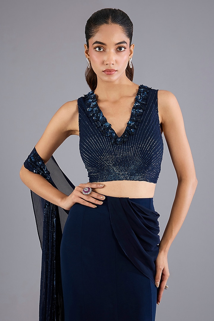 Navy Blue Viscose Georgette Flare Draped Reception Saree Set by Namrata Joshipura at Pernia's Pop Up Shop