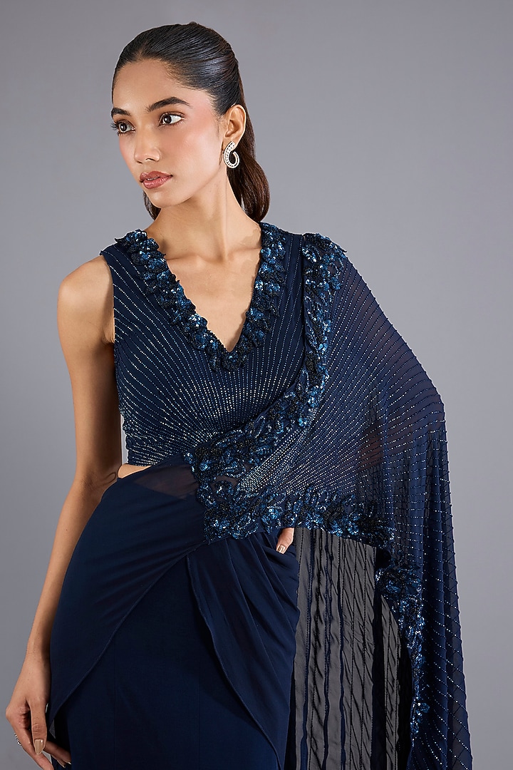 Navy Blue Viscose Georgette Flare Draped Reception Saree Set by Namrata Joshipura at Pernia's Pop Up Shop