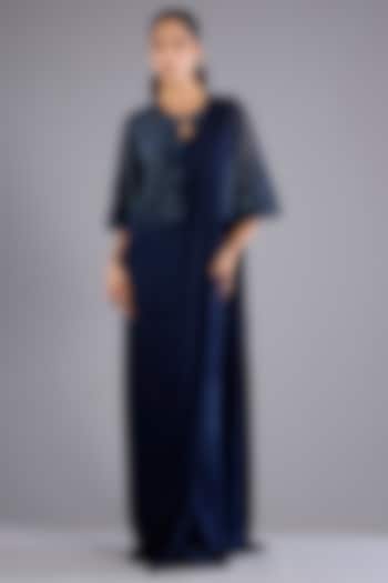 Navy Blue Viscose Georgette Jacket Reception Saree Set by Namrata Joshipura at Pernia's Pop Up Shop