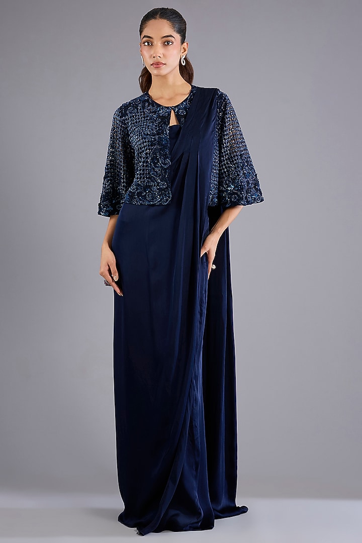 Navy Blue Viscose Georgette Jacket Reception Saree Set by Namrata Joshipura at Pernia's Pop Up Shop