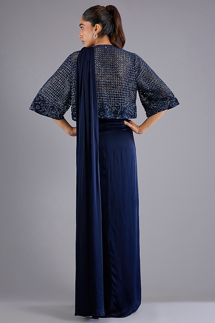 Navy Blue Viscose Georgette Jacket Reception Saree Set by Namrata Joshipura at Pernia's Pop Up Shop