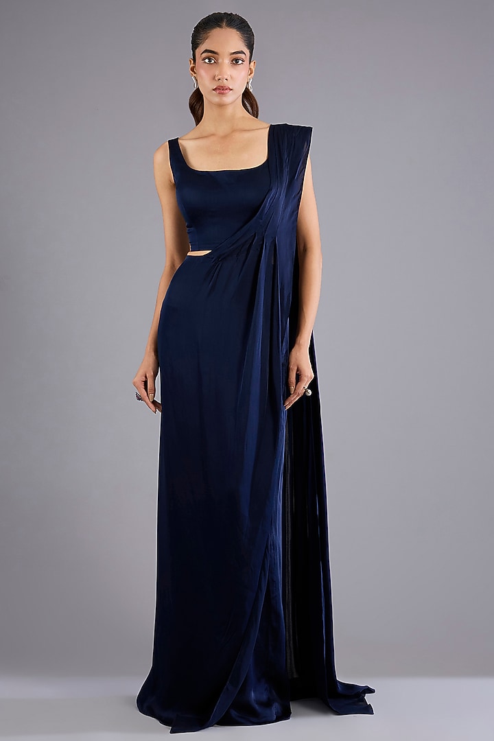 Navy Blue Viscose Georgette Jacket Reception Saree Set by Namrata Joshipura at Pernia's Pop Up Shop