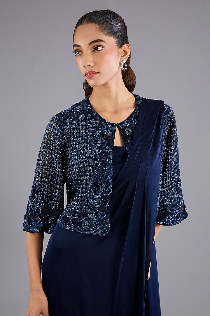 Navy Blue Viscose Georgette Jacket Reception Saree Set by Namrata Joshipura at Pernia's Pop Up Shop