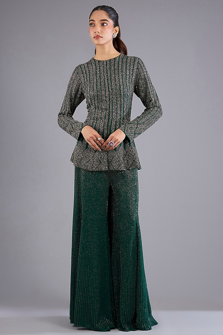 Hunter Green Viscose Georgette Bridal Sharara Set by Namrata Joshipura at Pernia's Pop Up Shop