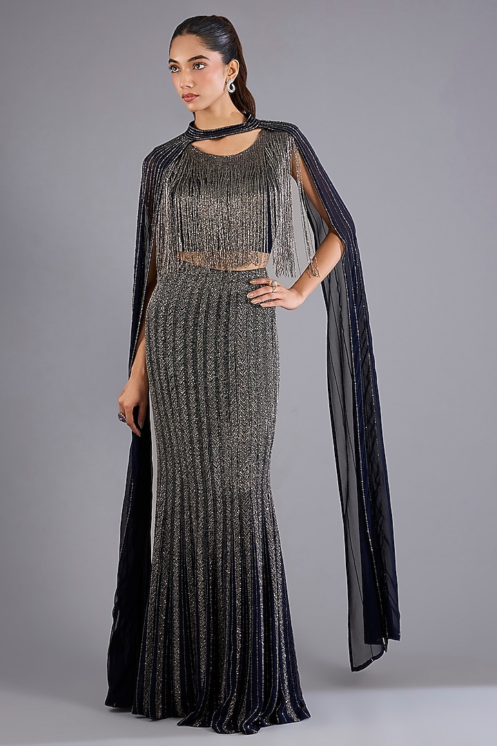 Navy Blue Viscose Georgette & Crepe Skirt Set by Namrata Joshipura at Pernia's Pop Up Shop