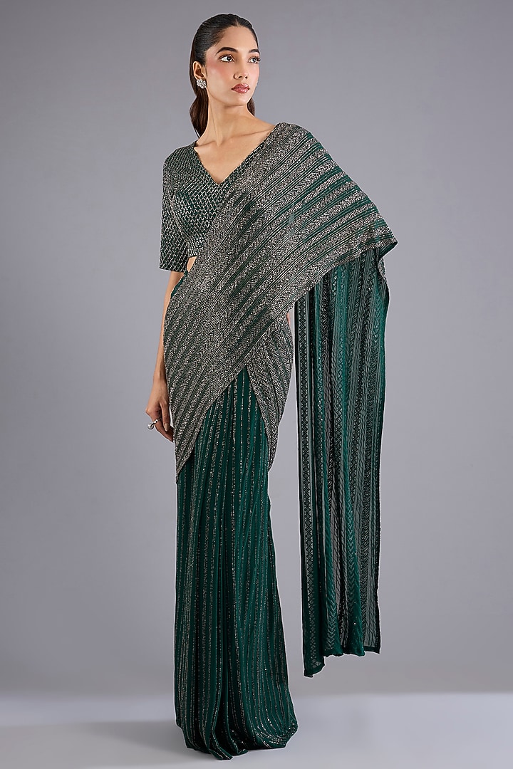 Hunter Green Viscose Georgette & Crepe Bridal Saree Set by Namrata Joshipura at Pernia's Pop Up Shop