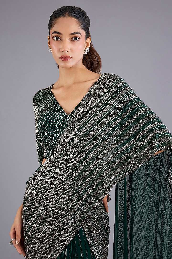Hunter Green Viscose Georgette & Crepe Bridal Saree Set by Namrata Joshipura at Pernia's Pop Up Shop