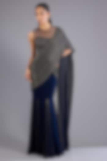 Navy Blue Viscose Georgette & Crepe Bridal Saree Set by Namrata Joshipura at Pernia's Pop Up Shop