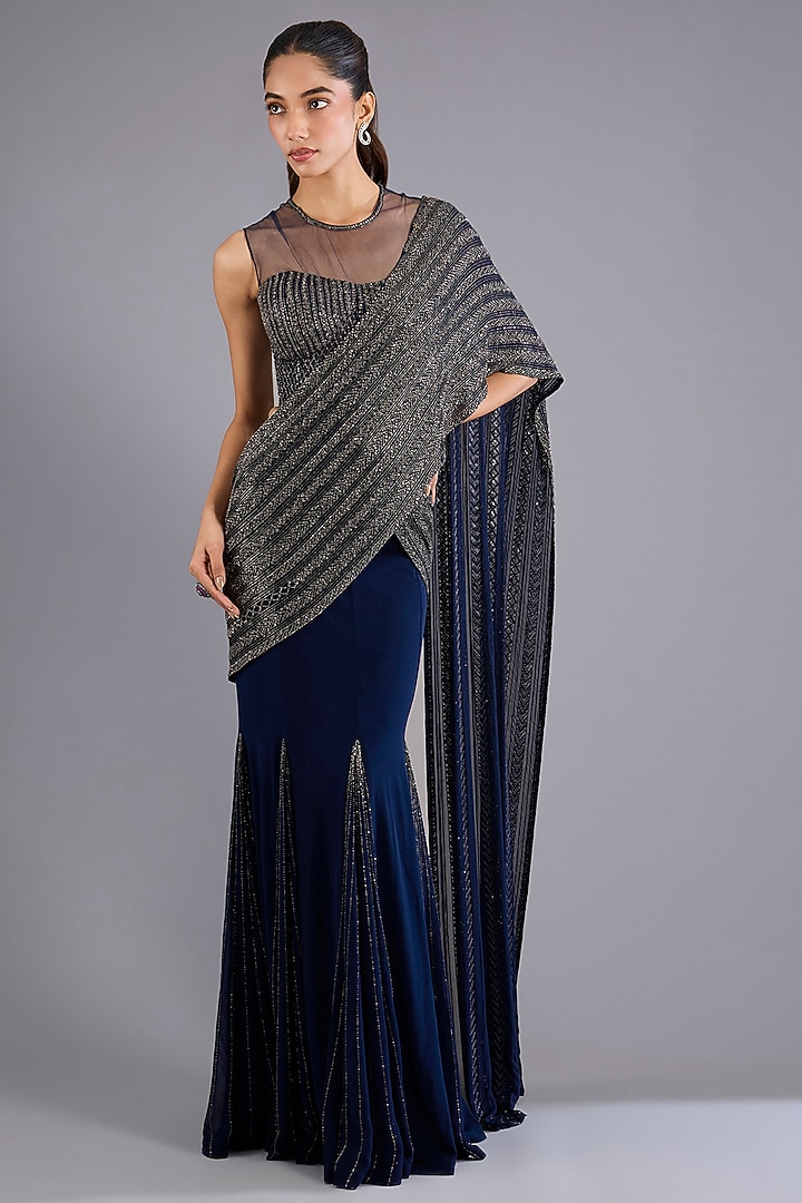 Navy Blue Viscose Georgette & Crepe Bridal Saree Set by Namrata Joshipura at Pernia's Pop Up Shop