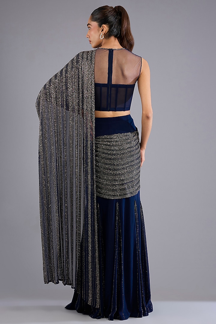 Navy Blue Viscose Georgette & Crepe Bridal Saree Set by Namrata Joshipura at Pernia's Pop Up Shop