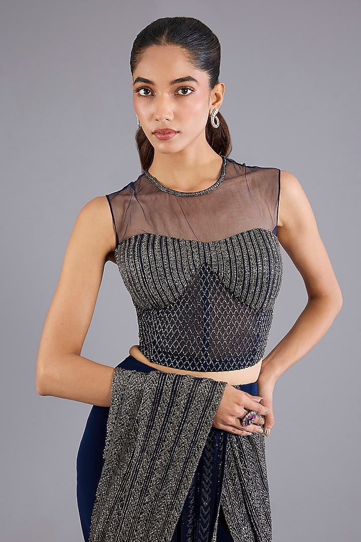 Navy Blue Viscose Georgette & Crepe Bridal Saree Set by Namrata Joshipura at Pernia's Pop Up Shop
