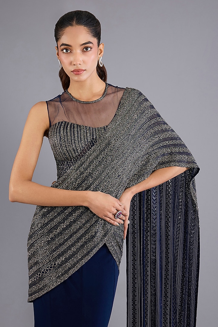 Navy Blue Viscose Georgette & Crepe Bridal Saree Set by Namrata Joshipura at Pernia's Pop Up Shop