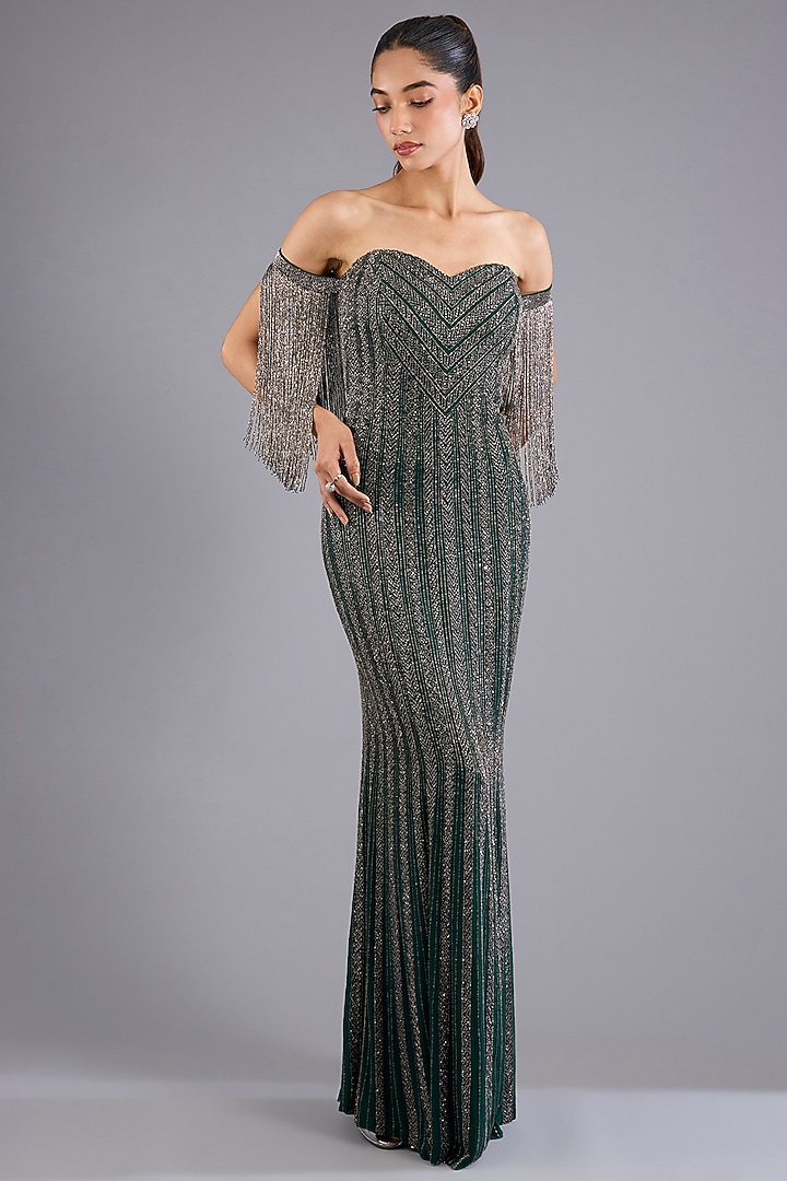 Hunter Green Viscose Georgette & Crepe Bridal Gown by Namrata Joshipura at Pernia's Pop Up Shop