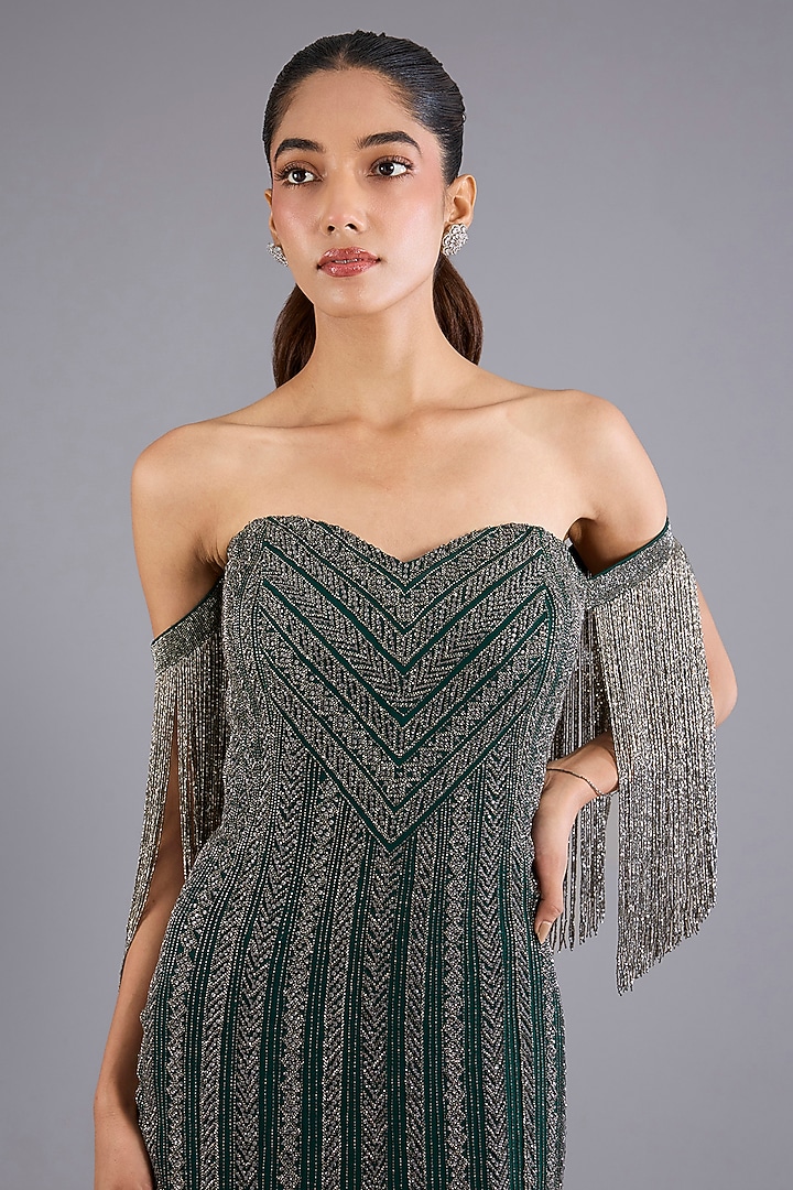 Hunter Green Viscose Georgette & Crepe Bridal Gown by Namrata Joshipura at Pernia's Pop Up Shop