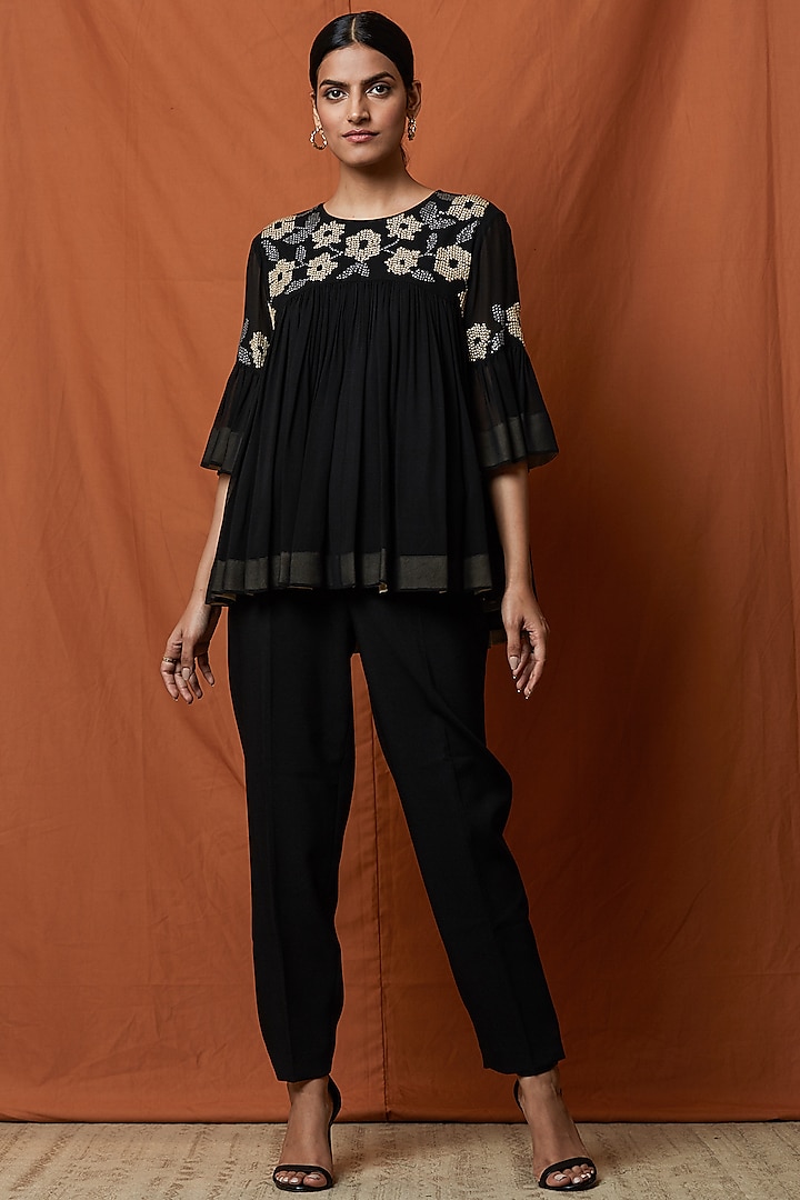 Black Sequins Embellished Top by Namrata Joshipura