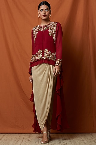 Berry Red Embellished Layered Top With Slip by Namrata Joshipura