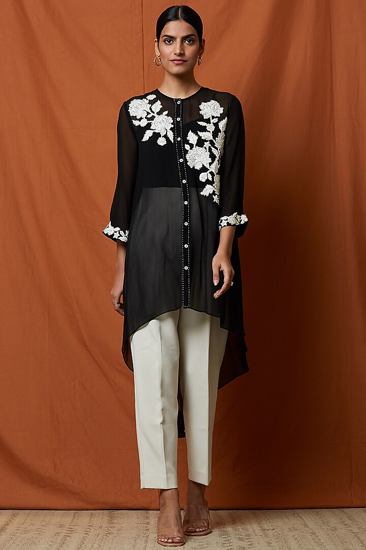 Black Embellished Asymmetric Tunic With Slip by Namrata Joshipura