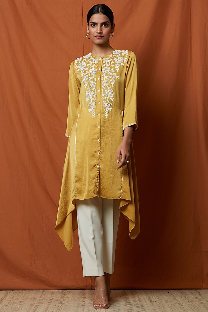 Mustard Yellow Embellished Tunic by Namrata Joshipura