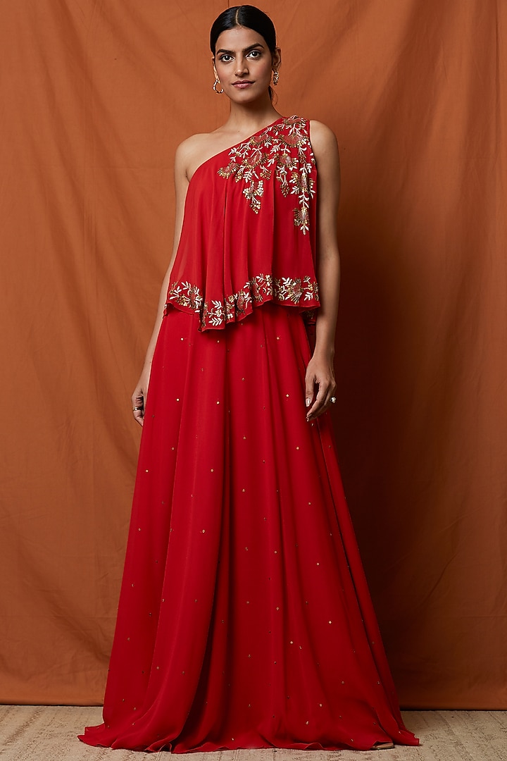 Red Floral Embellished Gown by Namrata Joshipura