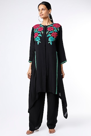 Black Polyester Kurta Set by Namrata Joshipura