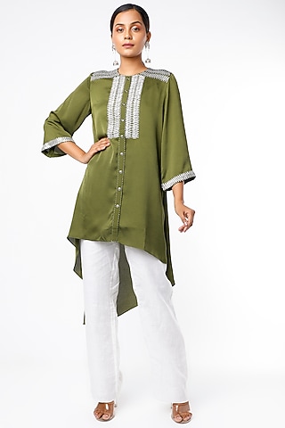 Olive Crepe Asymmetrical Tunic by Namrata Joshipura
