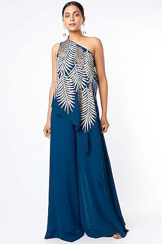 Blue Sequins Embroidered Jumpsuit by Namrata Joshipura