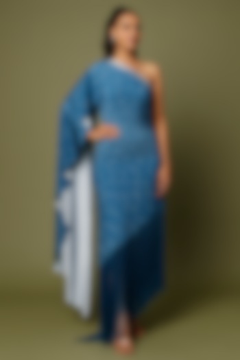 Indigo Blue Printed Off-Shoulder Dress by Namrata Joshipura