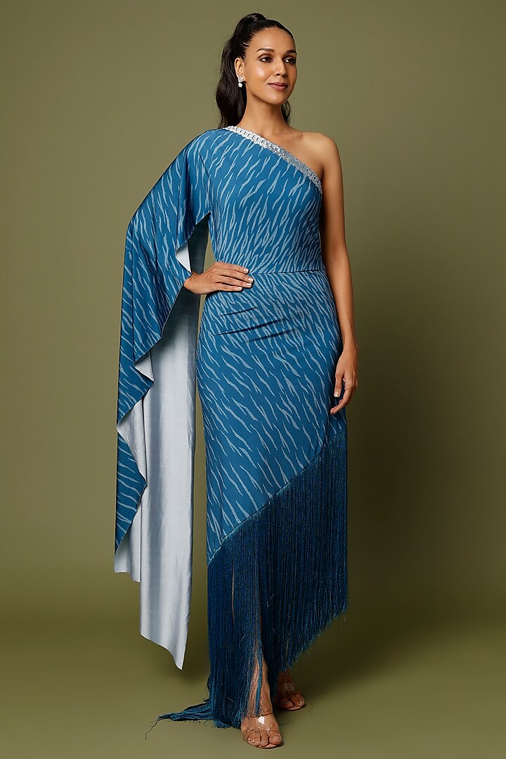 Indigo Blue Printed Off-Shoulder Dress by Namrata Joshipura