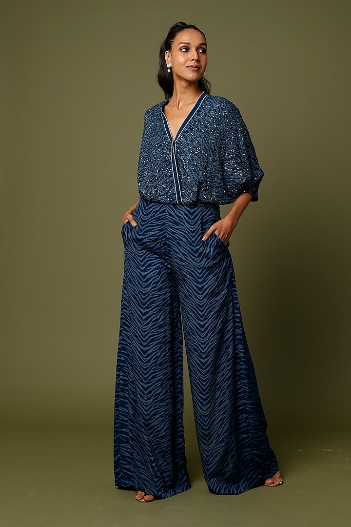 Denim Blue Embellished Jumpsuit by Namrata Joshipura at Pernia's Pop Up Shop