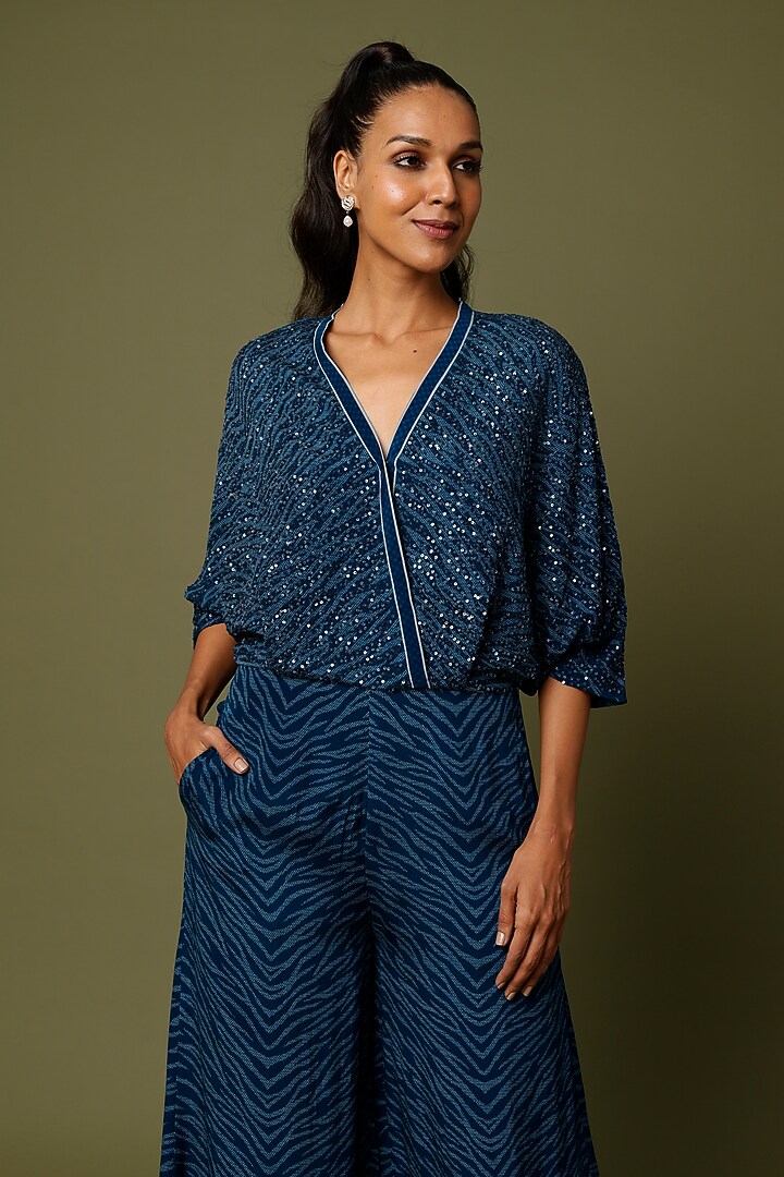 Denim Blue Embellished Jumpsuit by Namrata Joshipura at Pernia's Pop Up Shop