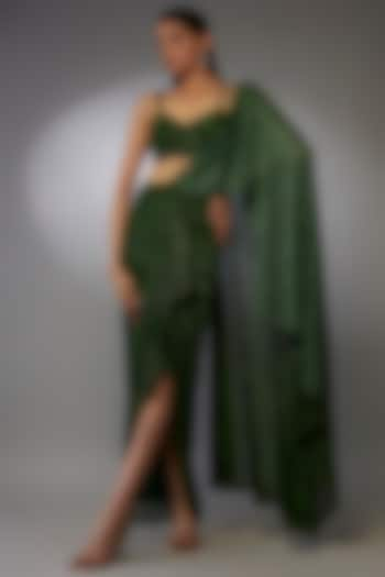 Emerald Shimmer Crepe Hand Embroidered Draped Saree Set by Namrata Joshipura at Pernia's Pop Up Shop