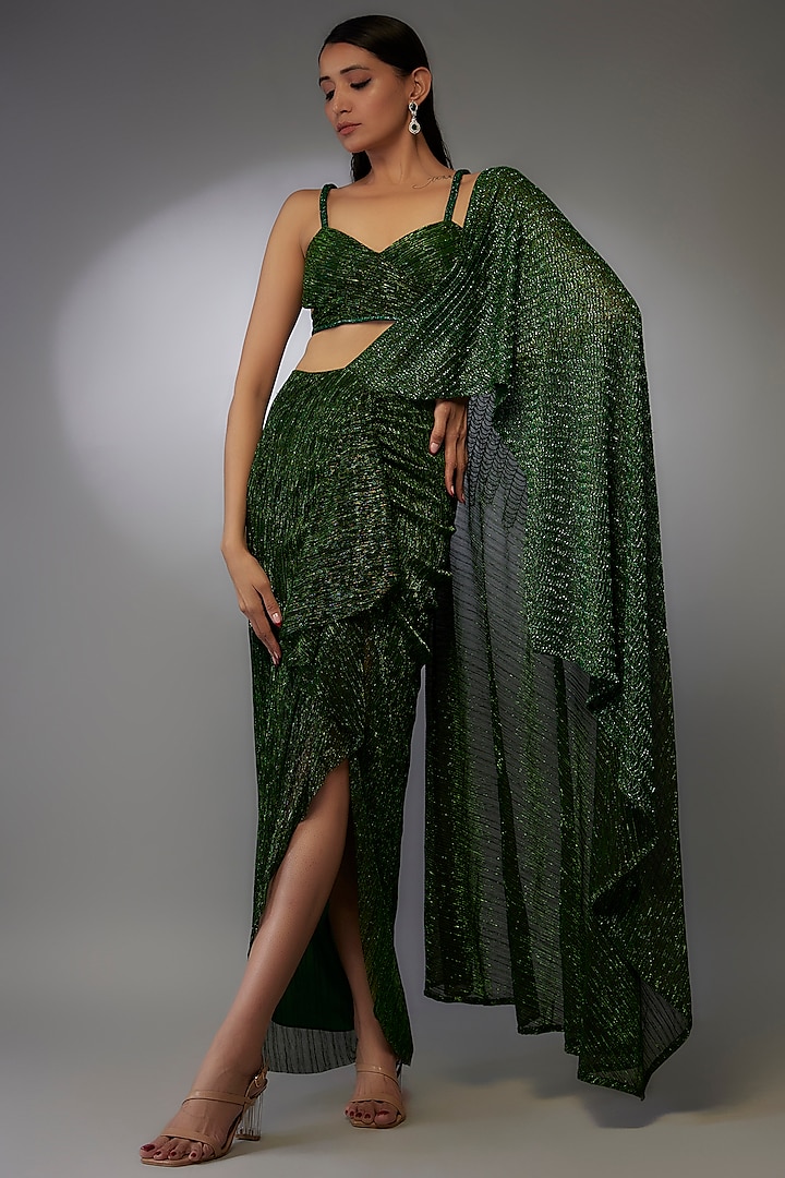 Emerald Shimmer Crepe Hand Embroidered Draped Saree Set by Namrata Joshipura at Pernia's Pop Up Shop