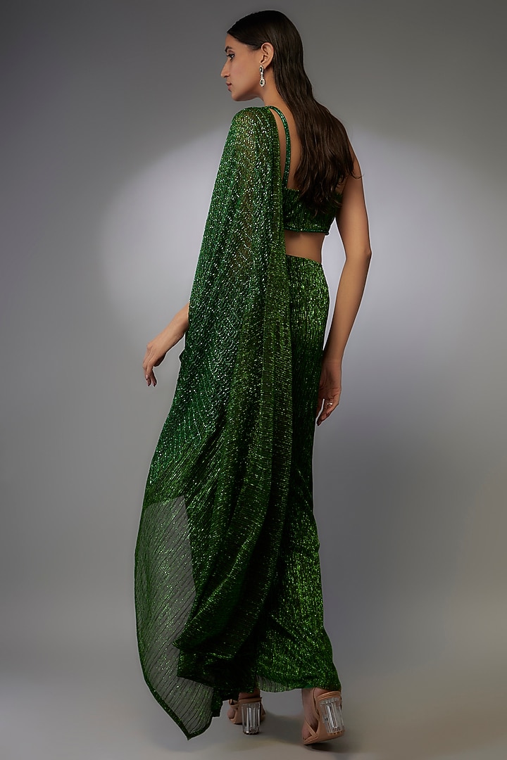 Emerald Shimmer Crepe Hand Embroidered Draped Reception Saree Set by Namrata Joshipura at Pernia's Pop Up Shop