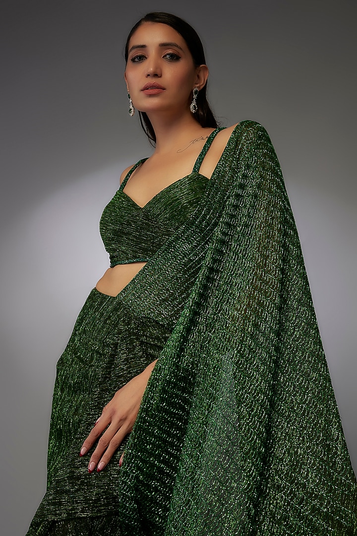 Emerald Shimmer Crepe Hand Embroidered Draped Reception Saree Set by Namrata Joshipura at Pernia's Pop Up Shop
