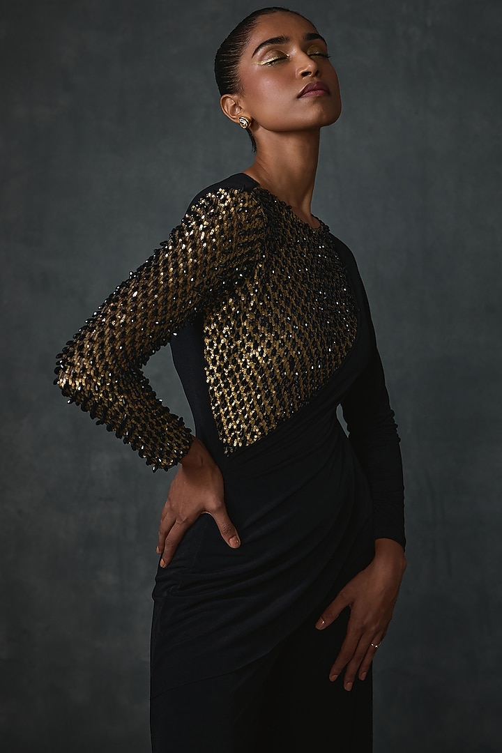 Black Jersey Hand Embellished Jumpsuit by Namrata Joshipura at Pernia's Pop Up Shop